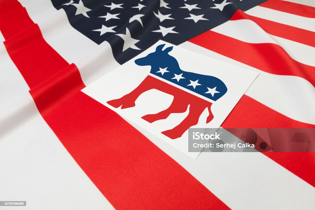 Series of USA ruffled flags with democratic party symbol over it Ruffled flag series - flag of United States of America with democratic party symbol over it Democratic Party - USA Stock Photo