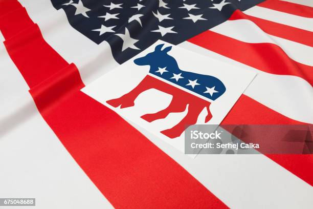 Series Of Usa Ruffled Flags With Democratic Party Symbol Over It Stock Photo - Download Image Now
