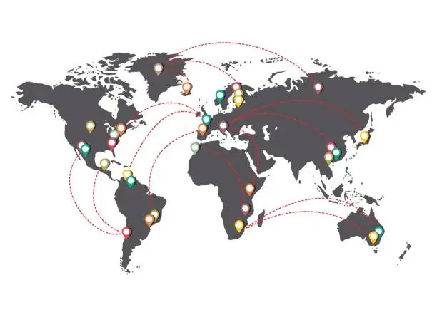 Vector illustration of Map of the world with points of interest and trajectory lines