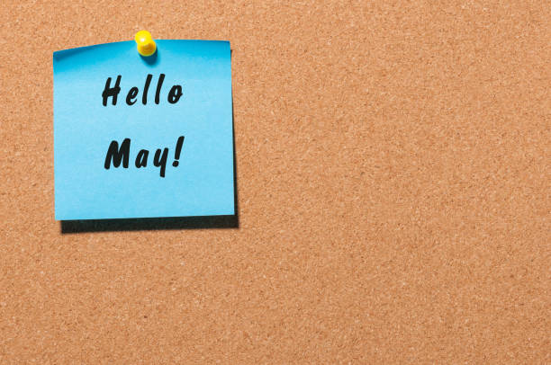 istock Hello May - text on blue sticker pinned at notice board. Spring concept 675052092