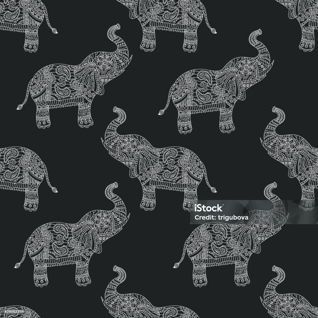 Seamless pattern with hand-drawn tribal styled elephant. Vector ethnic background, Elephant stock vector