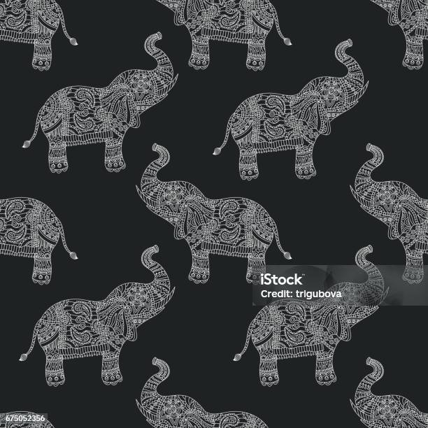 Seamless Pattern With Handdrawn Tribal Styled Elephant Vector Ethnic Background Stock Illustration - Download Image Now