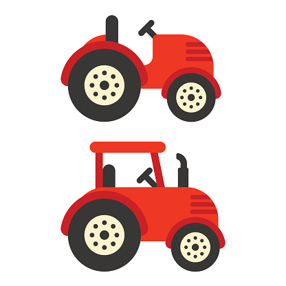 Cute red tractor illustration in flat vector style. Isolated agricultural equipment icon.