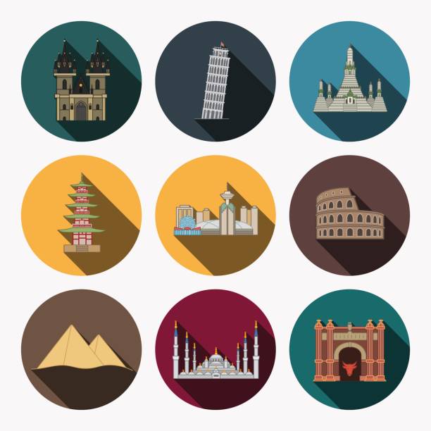 ilustrações de stock, clip art, desenhos animados e ícones de nine flat landmark icons - coliseum italy rome istanbul