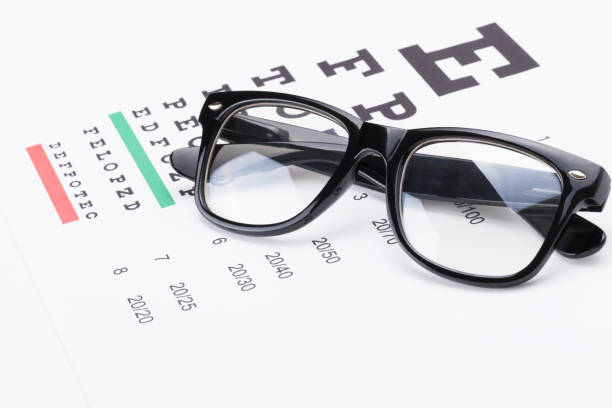 istock Table for eyesight test with neat glasses over it 675063726