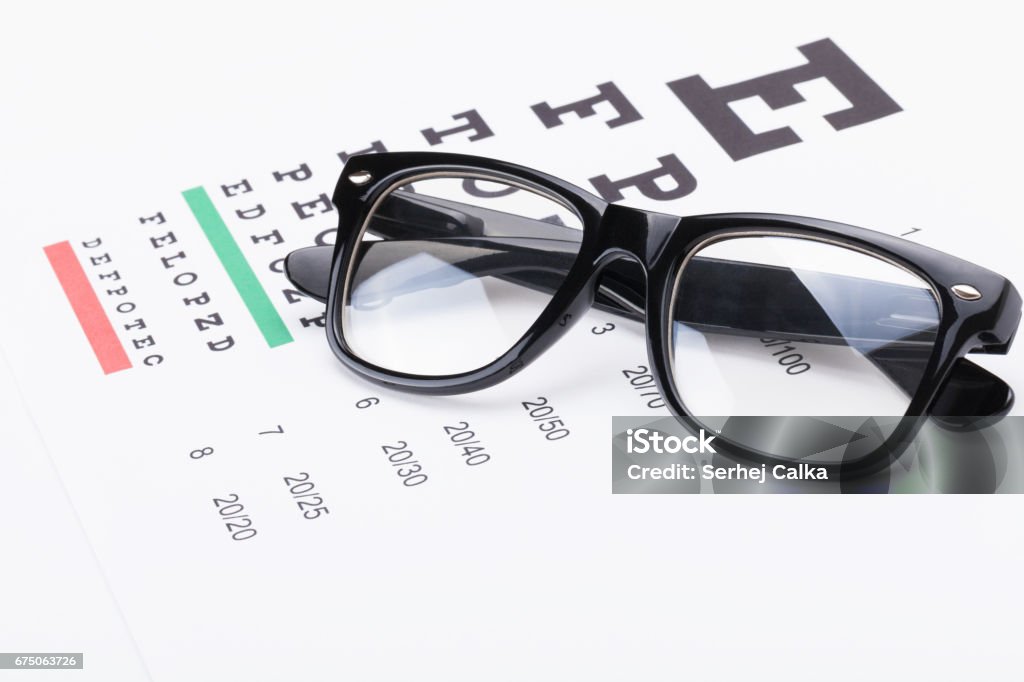 Table for eyesight test with neat glasses over it Arts Culture and Entertainment Stock Photo