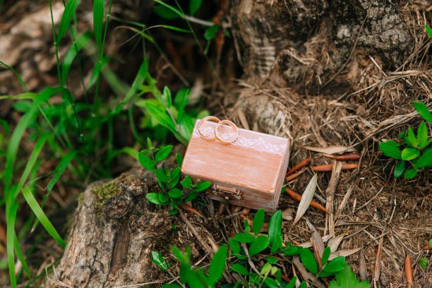 istock Wedding rings in a wooden box for rings handmade 675064690