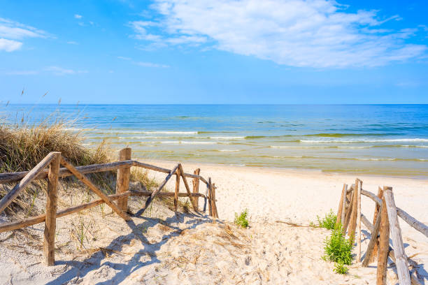 Entrance to sandy Lubiatowo beach, Baltic Sea, Poland Polish part of Baltic Sea coast has most beautiful sandy beaches among all countries with access to this body of water. polish beach stock pictures, royalty-free photos & images
