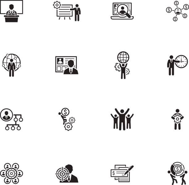 ilustraciones, imágenes clip art, dibujos animados e iconos de stock de conjunto de iconos de negocios diseño plano - symbol financial occupation seminar computer icon