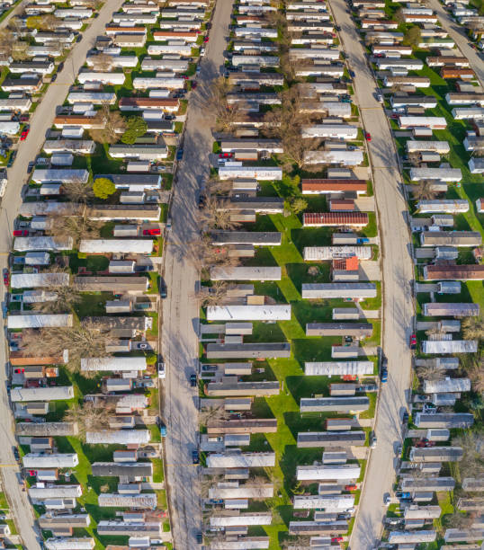 istock Aerial view looking down on vast trailer park, mobile homes 675066076