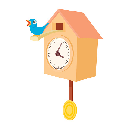 Vintage wooden cuckoo clock icon in cartoon style on a white background