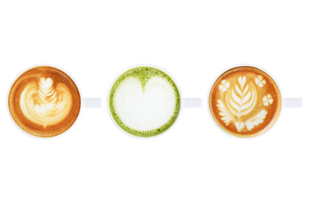 Green Tea Matcha Latte and coffee late art  top view isolated on white background
