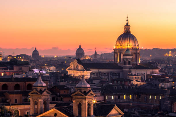 istock Panorama view of Rome at sunset with St Peter Cathedral 675067710