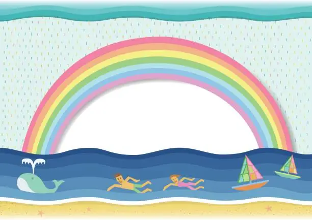 Vector illustration of Rainbow with cartoon swimming in the sea. Colors background with rain and sun white or speech bubble.