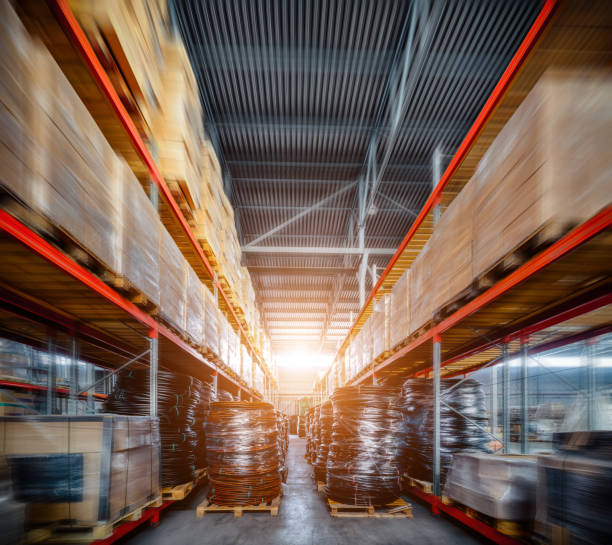 istock Long shelves with a variety of boxes and containers 675070024