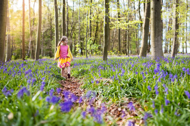 A young mother with a sleeping baby is sitting in a meadow of bluebells