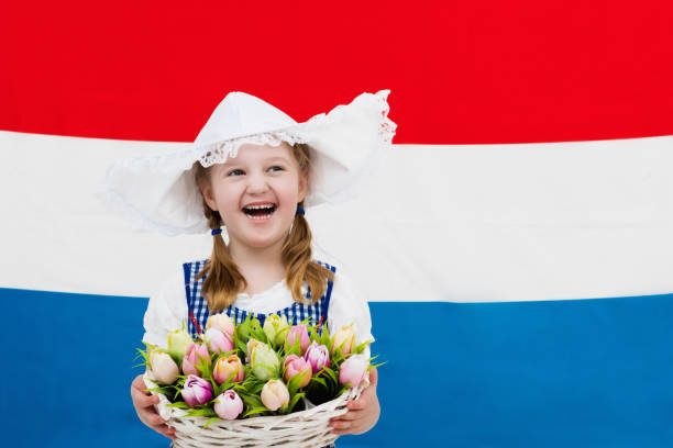 istock Dutch child with tulip flowers and Netherlands flag 675074872