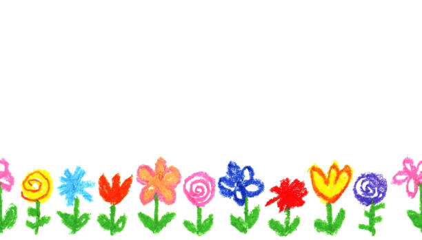 illustrations, cliparts, dessins animés et icônes de crayon de cire comme les fleurs colorées dessinées d’enfant blanc. comme la craie pastel dessinée de l’enfant fleurissant des fleurs ensemble. mignon de l’enfant comme la peinture de printemps prairie de floraison. - crayon pastel illustrations