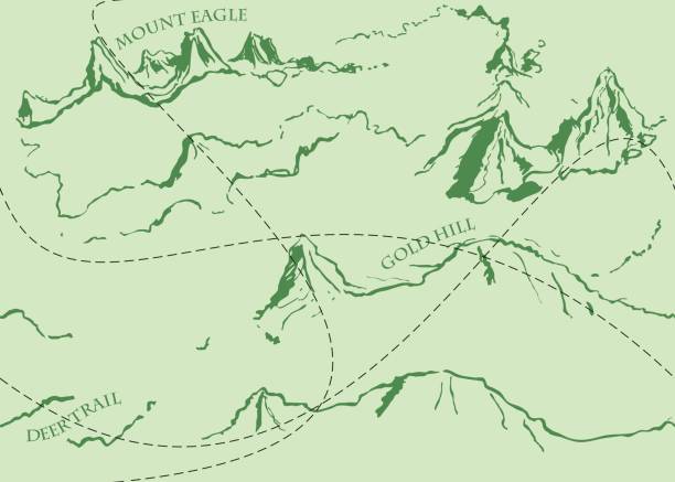 istock Aged fantasy vintage pattern with green historic fable map. Hand drawn fairytale historic treasure map. 675075776