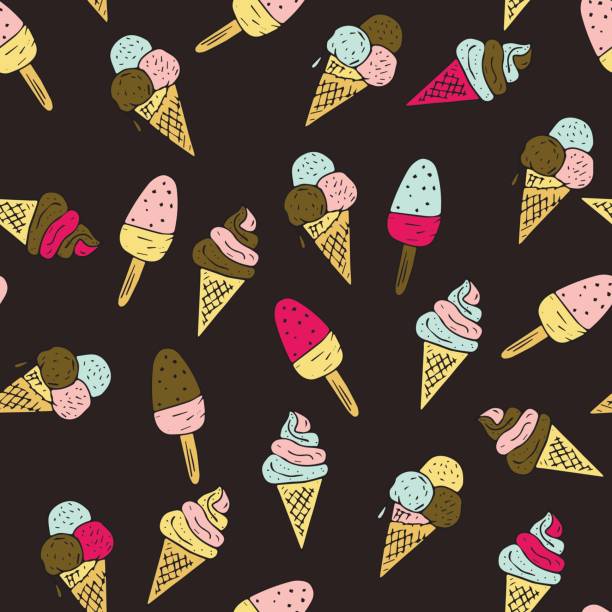 bezszwowy wzór wektorowy z doodle ręcznie rysowane lody. kolorowa ilustracja uroczych deserów. - seamless croissant pattern ice stock illustrations