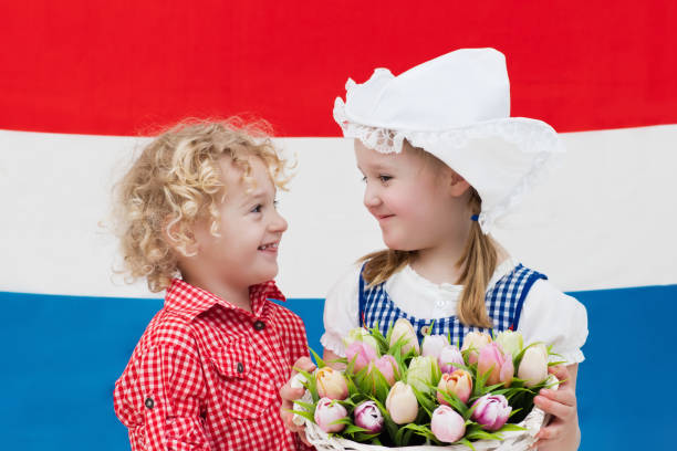 enfants néerlandais avec des fleurs de tulipes et drapeau des pays-bas - 11907 photos et images de collection