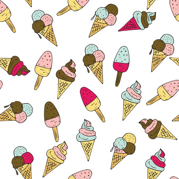 bezszwowy wzór wektorowy z doodle ręcznie rysowane lody. kolorowa ilustracja uroczych deserów. - seamless croissant pattern ice stock illustrations