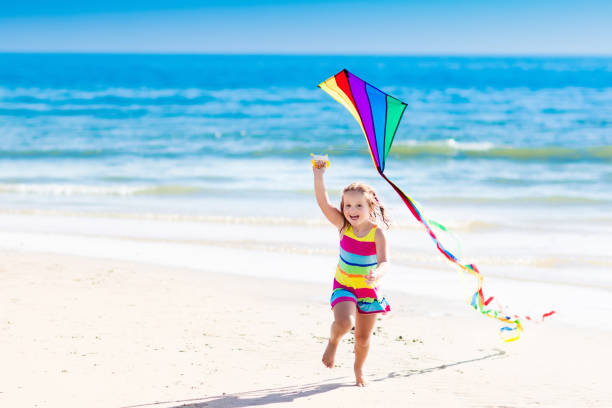 istock Child flying kite on tropical beach 675078894