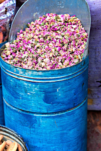 Heap of dried rosebuds for making rose water or tea at an outdoor market in Izmir Turkey