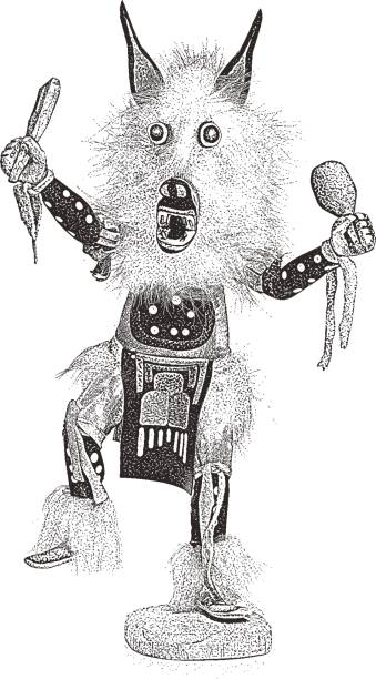 Kachina Doll Engraving illustration of a dancing wolf Kachina Doll kachina doll stock illustrations