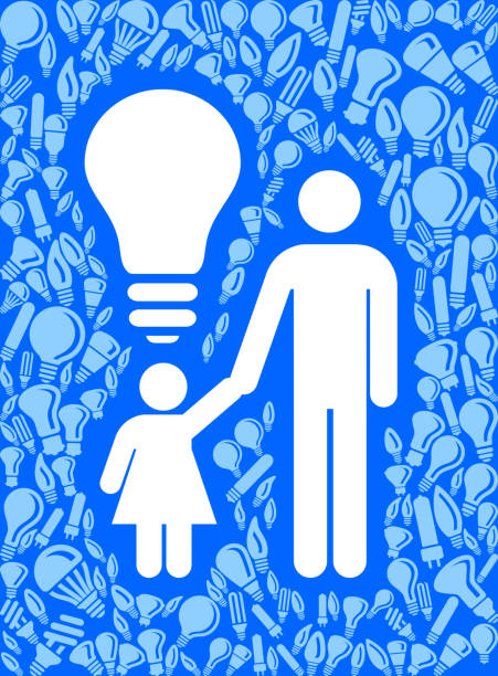 vater und tochter glühbirne blau vektor hintergrundmuster - light bulb blue energy fuel and power generation stock-grafiken, -clipart, -cartoons und -symbole