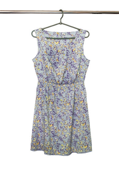 istock Summer dress with a butterfly pattern hanging on a hanger, isolated 675085378