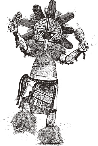 Engraving illustration of a dancing eagle Kachina