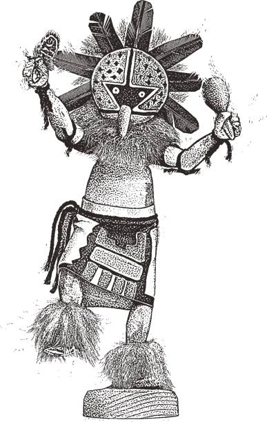 Kachina Doll Engraving illustration of a dancing eagle Kachina Doll kachina doll stock illustrations