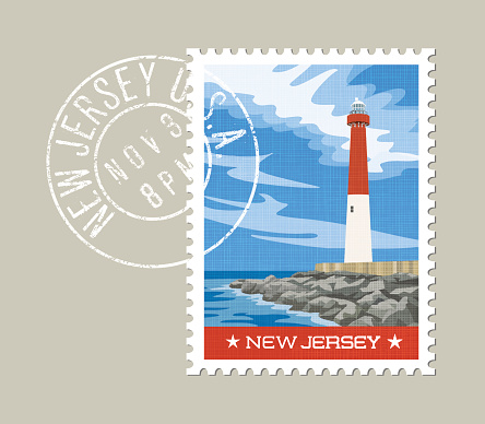 New Jersey state postage stamp design. Vector illustration of rocky shoreline and lighthouse. Grunge postmark on separate layer. Barnegat Lighthouse.