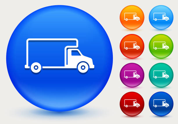 Moving Truck Icon on Shiny Color Circle Buttons Moving Truck Icon on Shiny Color Circle Buttons. The icon is positioned on a large blue round button. The button is shiny and has a slight glow and shadow. There are 8 alternate color smaller buttons on the right side of the image. These buttons feature the same vector icon as the large button. The colors include orange, red, purple, maroon, green, and indigo variations. indigo truck stock illustrations
