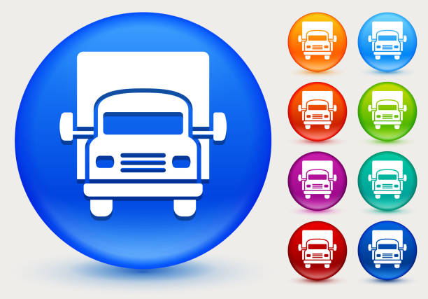 Truck Icon on Shiny Color Circle Buttons Truck Icon on Shiny Color Circle Buttons. The icon is positioned on a large blue round button. The button is shiny and has a slight glow and shadow. There are 8 alternate color smaller buttons on the right side of the image. These buttons feature the same vector icon as the large button. The colors include orange, red, purple, maroon, green, and indigo variations. indigo truck stock illustrations
