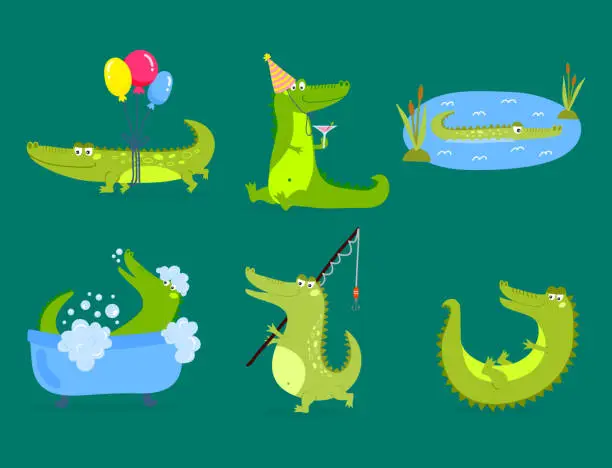 Vector illustration of Cartoon green crocodile funny predator australian wildlife river reptile alligator flat vector illustration