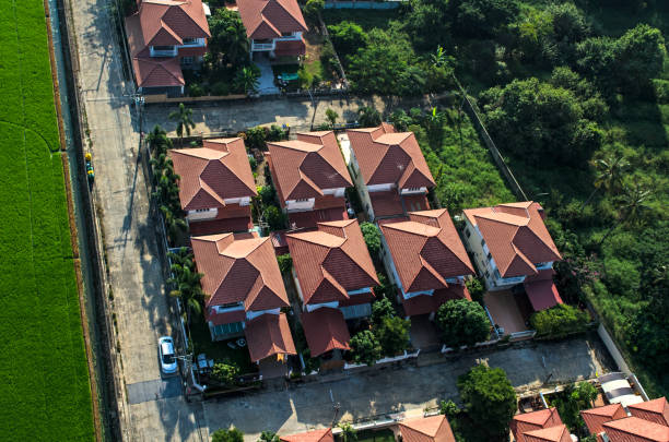 istock Housing area, roofs view from the air 675094328