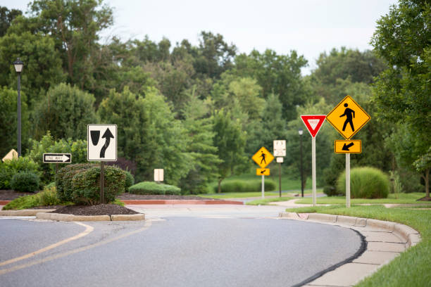 Suburban Scenes from St Louis USA, roundabout with Signs stock photo