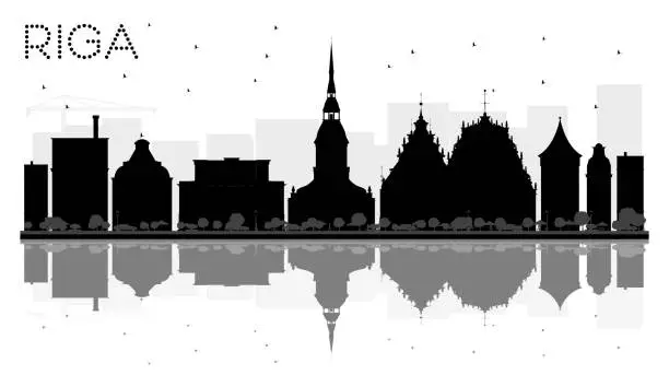 Vector illustration of Riga City skyline black and white silhouette with reflections.