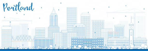 illustrazioni stock, clip art, cartoni animati e icone di tendenza di delinea lo skyline di portland con edifici blu. - portland oregon skyline cityscape silhouette