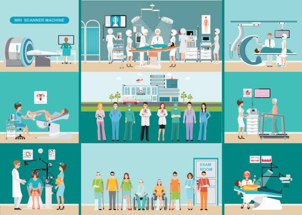 Doctors and patients in hospitals. Doctors and patients in hospitals, Medical services, dental care, x-ray, Orthopedic clinics, MRI scanner machine, ophthalmic testing device machine, C Arm X-Ray, health care conceptual vector illustration. eye doctor and patient stock illustrations