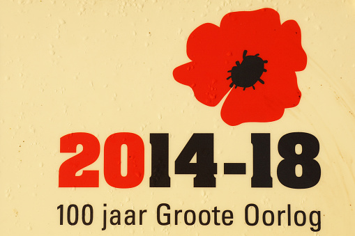 World War I 100 years anniversary memorial sign. The sign is in Dutch and reads ‘2014-18 100 years The Great War’. These signs can be found at all major landmarks of Flanders Fields in Belgium