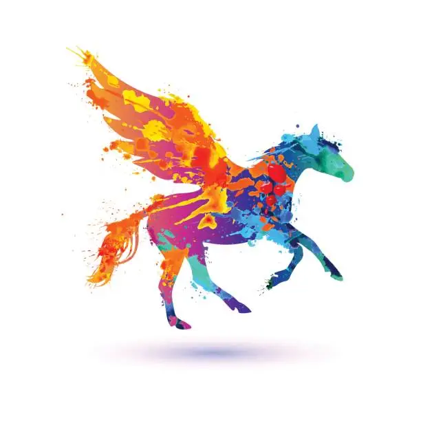 Vector illustration of Pegasus vector symbol. Watercolor splash paint