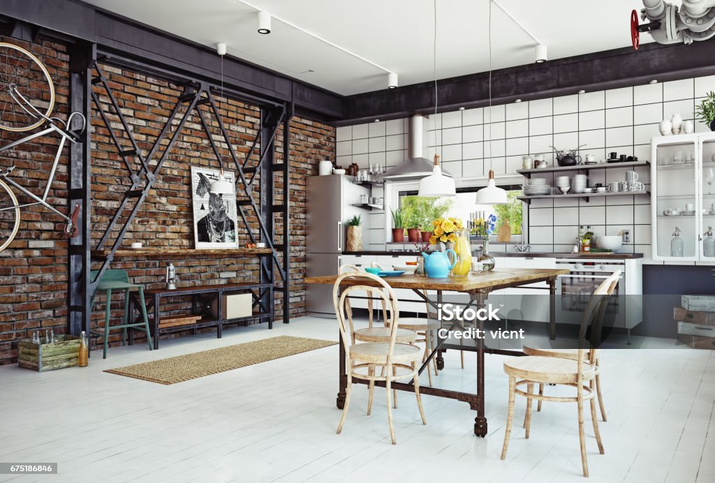 loft kitchen modern loft kitchen interior. 3d rendering concept Kitchen Stock Photo