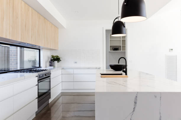 istock Luxury industrial kitchen with a marble island 675200154