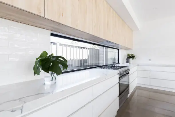 Modern luxury monochrome kitchen with window splashback