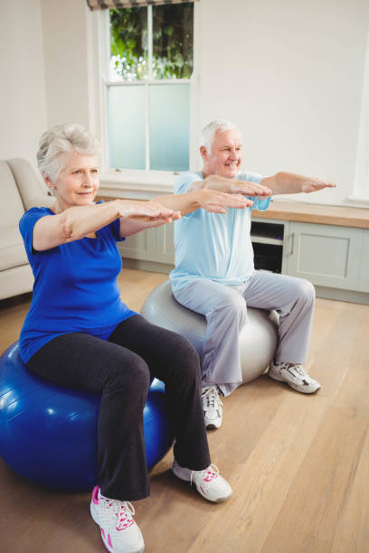 istock Senior couple exercising on exercise ball 675205802