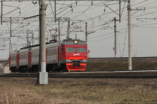 April 28, 2017 St. Petersburg, Russian Railways Commuter train countryside