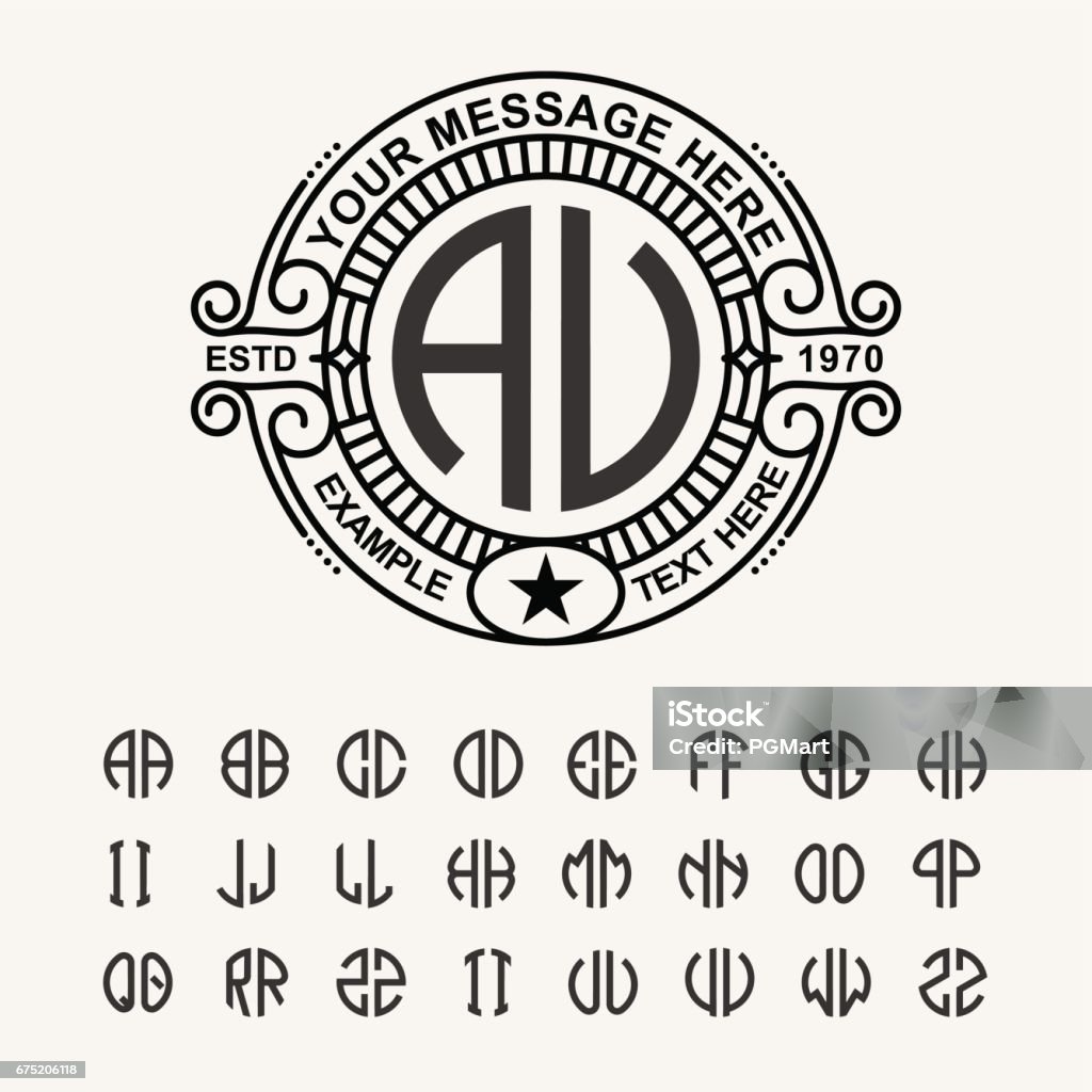Modern emblem, badge, template. Luxury elegant frame ornament line logo design vector illustration. And set to create monograms of two letters in scribed in a circle Logo stock vector